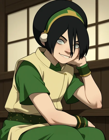 score_9, score_8_up, score_7_up, source_anime, <lora:toph-beifong-book2book3-ponyxl-lora-nochekaiser:1>, toph beifong, black hair, hairband, blind, grey eyes, hair between eyes, short hair,, shirt, green shirt, vest, belt, short sleeves,, indoors, smile, looking at viewer, solo, sitting, head rest,, cowboy shot, dutch angle