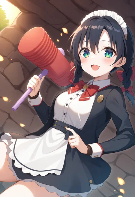 1girl,sincos, ningen mame, toosaka asagi,solo,medium breasts,20yo,maid,maid headdress,
piko piko hammer, toy hammer, holding, <lora:pikopikohammer_XL_v1:0.8>
dutch angle, upper body, looking at viewer, black hair, green eyes,seductive smile, caves, open mouth, twin braids hair,,
best quality, very aesthetic, absurdres