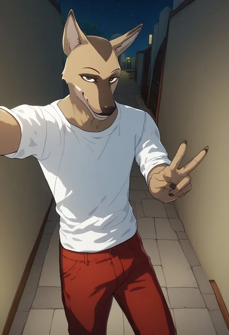 score_9_up, score_8_up, score_7_up, masterpiece, best quality, amazing quality, very aesthetic, absurdres, newest, high quality, detailed, male, solo male, Durham, 1boy, mature male, male, athletic build, anthro, coyote, animal ears, brown eyes, light tan and brown fur, white shirt, red pants, dark hallway, looking at viewer, smiling, standing, half lidded eyes, relaxed expression, half body, indoors, peace sign, posing, dim light, dark, night, selfie