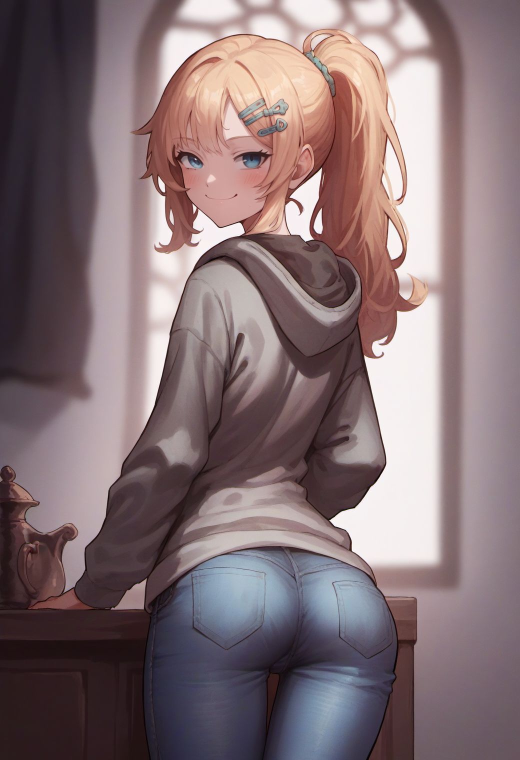 score_9, score_8_up, score_7_up, score_6_up, ekrea jan style, 
1girl, solo, long hair, looking at viewer, smile, hair ornament, long sleeves, closed mouth, blue eyes, standing, ponytail, ass, hairclip, looking back, indoors, hood, clothes lift, from behind, blond hair, hoodie, hood down, smug, grey hoodie, jeans,
<lora:ekrea_jan_style_v1:0.8>,
<lora:fix_hands:1.5>,