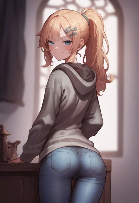 score_9, score_8_up, score_7_up, score_6_up, ekrea jan style,
1girl, solo, long hair, looking at viewer, smile, hair ornament, long sleeves, closed mouth, blue eyes, standing, ponytail, ass, hairclip, looking back, indoors, hood, clothes lift, from behind, blond hair, hoodie, hood down, smug, grey hoodie, jeans,
<lora:ekrea_jan_style_v1:0.8>,
<lora:fix_hands:1.5>,