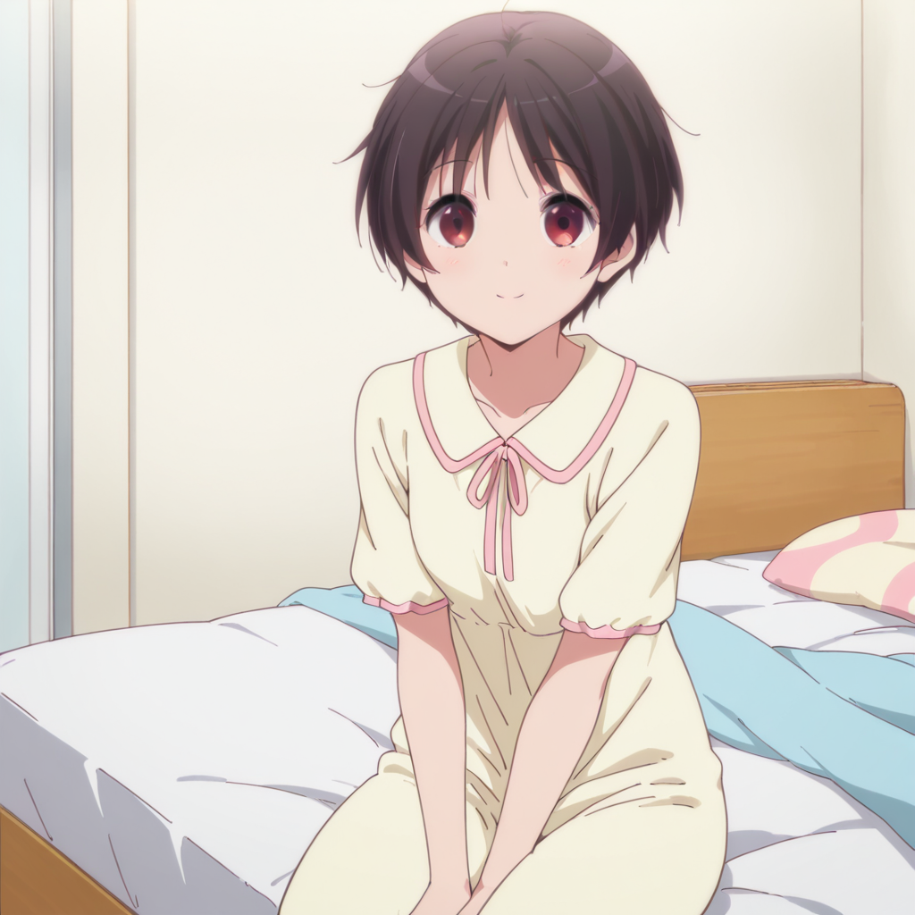 masterpiece, best quality, amazing quality, 1girl, solo, love_chunibyo_other_delusions_kumin_tsuyuri, sitting, on bed, smile, short hair,  pajamas, black hair, red eyes, bed, looking at viewer, <lora:Kumin_Tsuyuri:0.7>