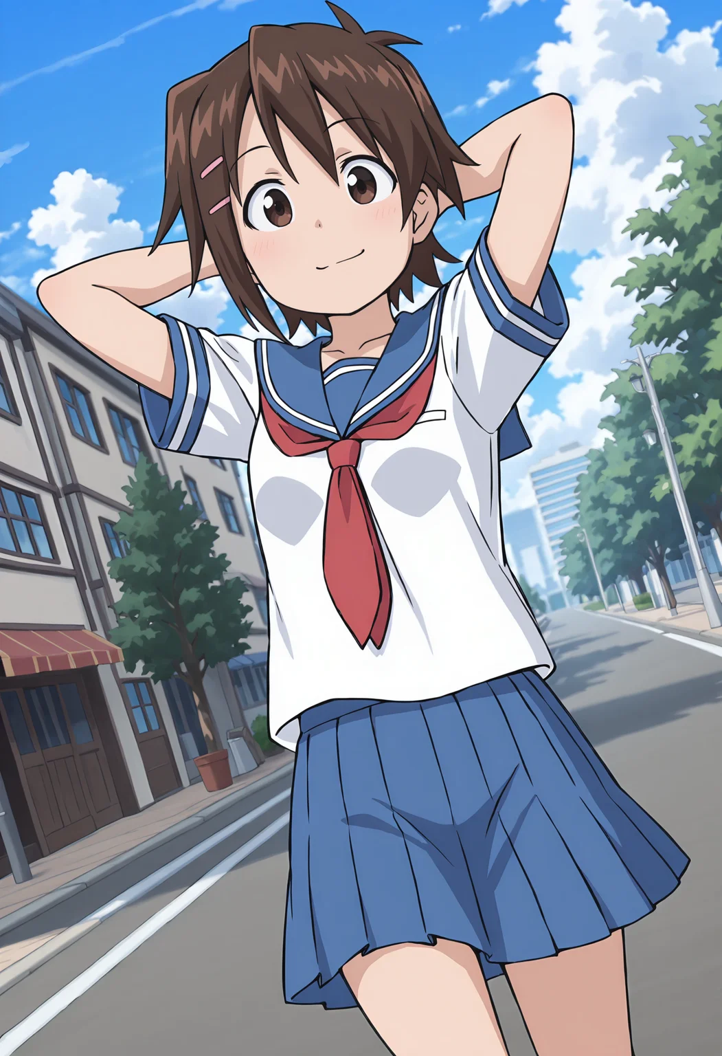 best quality, amazing quality, perfect quality, high quality, masterpiece, absolutely eye-catching BREAK
<lora:Ika_Musume_-_Yuka_Nishimura:1> IkaYuka, brown eyes, brown hair, short hair, antenna hair, wispy bangs, pink hairclip, small breasts BREAK
blue sailor collar, red neckerchief, white shirt, short sleeves, blue pleated skirt BREAK
outside, tree, blue sky, clouds, street, building BREAK
1girl, solo, hands behind head, walking, looking at viewer, smile, dutch angle, cowboy shot