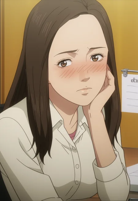score_9, score_8_up, score_7_up, source_anime, BREAK 1girl, solo, ,  <lora:DX888Misaki:1>, shimizu misaki, brown hair, brown eyes, long hair, anime screencap,  cubicle, office desk, sticky note, solo, adjusting hair, standing, contrapposto,  hair behind ear, leaning forward, close_up, hand on own hair, full-face blush, shy,   averting eyes, embarrassed, timid,