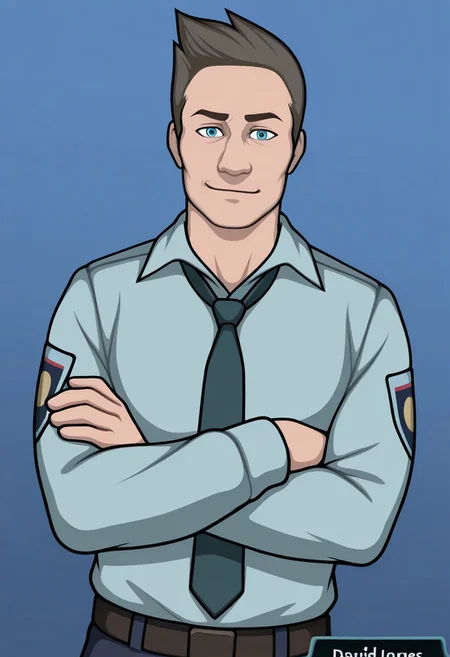 score_9, score_8_up, score_7_up, score_6_up, perfect anatomy, perfect proportions, best quality, masterpiece, high_resolution, high quality, best aesthetic, incredibly absurdres, highres, extremely detailed, huge filesize, solo male, adult, mature, masculine, manly, handsome, charming, alluring, standing, upper body, dutch angle, cowboy shot, perfect face, source_game \Criminal Case\), official style \(Criminal Case\), David Jones\(Criminal Case\), CCDavid, blue eyes, light brown hair, short hair, CCDavid_outfit01, police uniform, light blue collared shirt, long sleeves, black necktie, police department logos on sleeves,