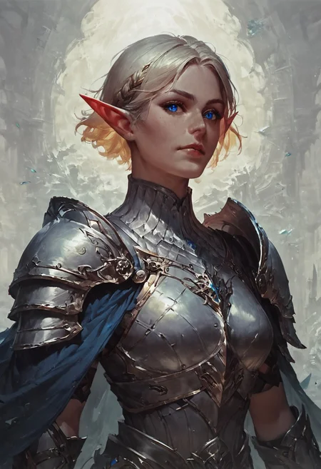 score_9, score_8_up, score_7_up, looking at viewer, 1girl,concept art, realistic, dark theme, good lighting elf, pointy ears, blonde hair, blue eyes, short hair, shoulder hair, silver armor, long cape,