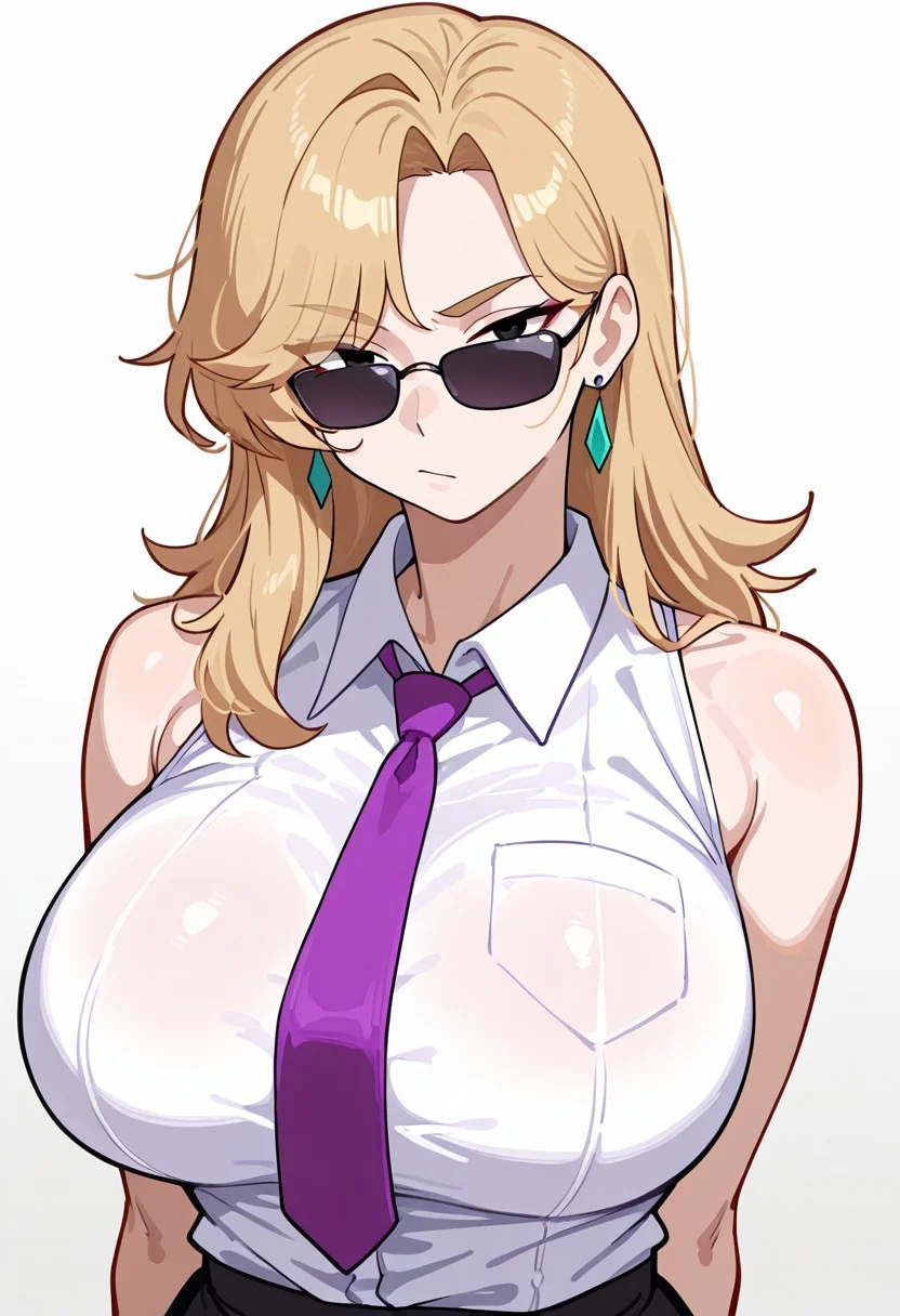 breadcatta, 1girl, solo, long hair, breasts, looking at viewer, blonde hair, simple background, shirt, white background, jewelry, closed mouth, white shirt, upper body, earrings, necktie, sleeveless, collared shirt, black eyes, sleeveless shirt, sunglasses, purple necktie, masterpiece, best quality, amazing quality, very aesthetic, absurdres, newest, scenery, volumetric lighting