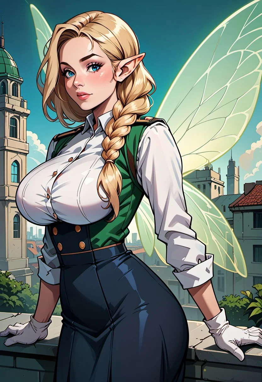 score_9, score_8_up, score_7_up, score_6_up, score_5_up, score_4_up, beautiful fairy woman, mature, long blonde braided hair, reij-hrstyl01 hairstyle, elf ears, detailed blue eyes, bright blue eyes, soft round jaw, magical aura, (delicate glowing wings with green patterns:1.4), (fairy wings:1.3), huge breasts, military uniform, white gloves, black skirt, pantyhose, abandoned building, ruined city, rooftop, outdoors,