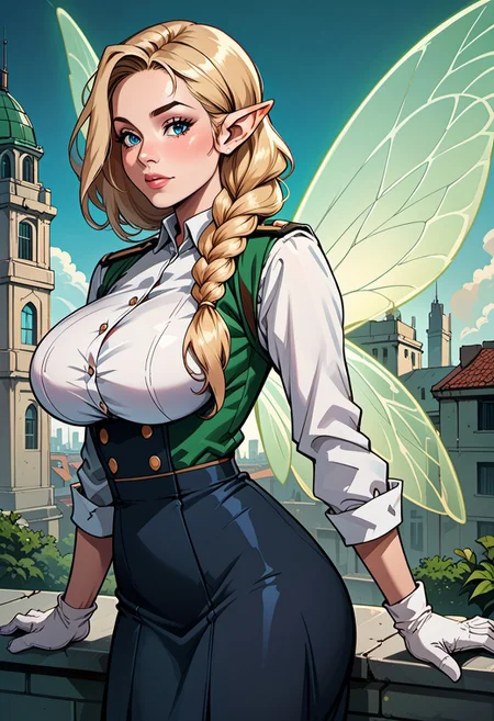 score_9, score_8_up, score_7_up, score_6_up, score_5_up, score_4_up, beautiful fairy woman, mature, long blonde braided hair, reij-hrstyl01 hairstyle, elf ears, detailed blue eyes, bright blue eyes, soft round jaw, magical aura, (delicate glowing wings with green patterns:1.4), (fairy wings:1.3), huge breasts, military uniform, white gloves, black skirt, pantyhose, abandoned building, ruined city, rooftop, outdoors,
