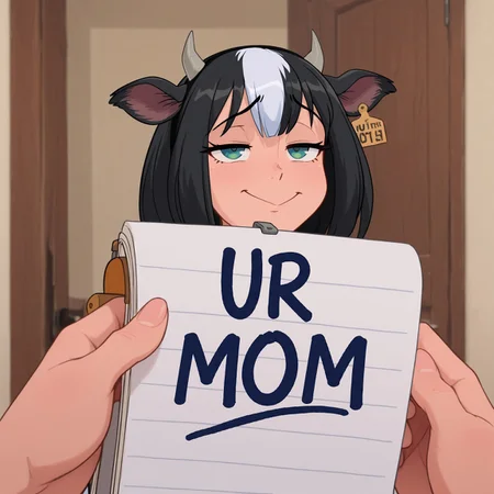 solo, pov receiving, giving notepad, (raised eyebrows:1.2), smug, c:, holstein,
dsny2,
masterpiece, best quality, absurdres, [detailed background, very aesthetic]