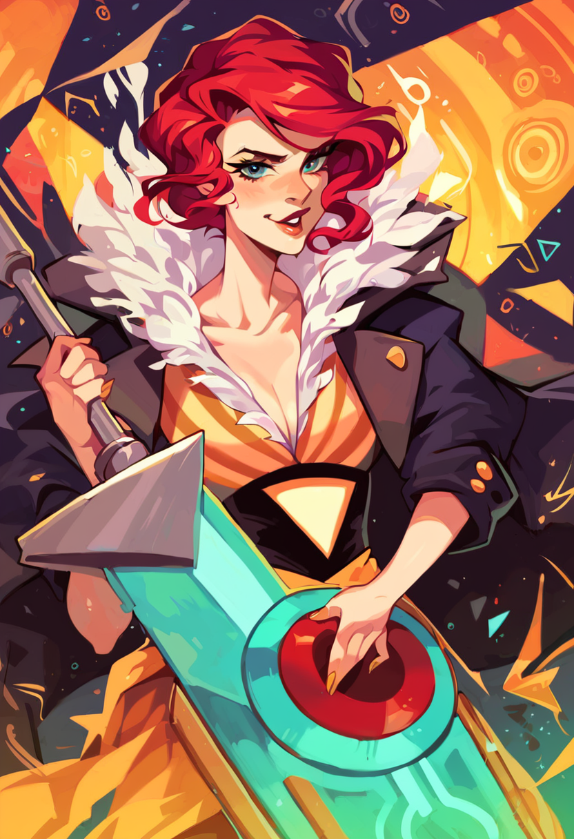 score_9, score_8_up, score_7_up, best quality, highres, Red, transistor, solo, detailed background, looking at viewer, singing, holding weapon, <lora:Red_Transistor:1>