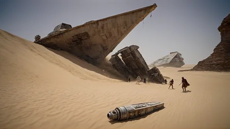 cinematic film still of <lora:star wars style:0.2>
<lora:detailed:0.4> detailed
<lora:perfection style:0.4> perfect
<lora:PerfectEyesXL:0.5>
<lora:Chiaroscuro Lighting Style:0.3>
<lora:Jakku:0.9>
Jakku a star wars battle scene with a giant ship wreck in the sand,in star wars style,outdoors,no humans,scenery,science fiction,realistic,sand,logo,military vehicle,spacecraft,concept art,desert, shallow depth of field, vignette, highly detailed, high budget, bokeh, cinemascope, moody, epic, gorgeous, film grain, grainy
