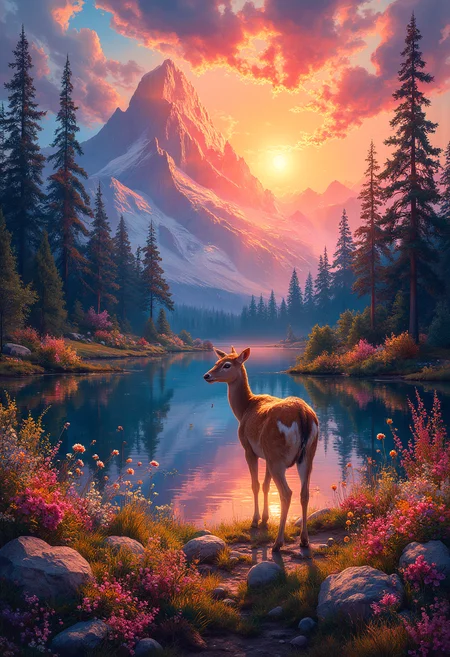 A cute fawn backlit by the setting sun grazing in the foreground of a sunset landscape with a great mountain in the background, dense pine tree forest and a peaceful lake, flock of birds silhouetted in the sky, colorful flower glowing in the lush landscape, vibrant glow