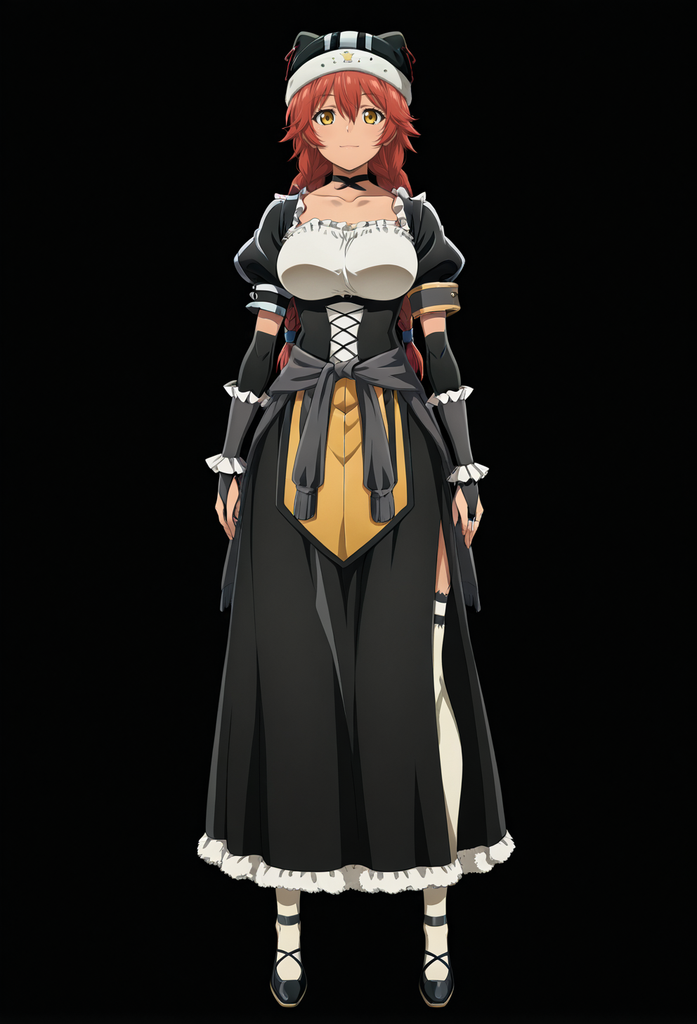 masterpiece, best quality,
1girl, solo, full body, 
standing,
looking at viewer, light smile,
simple background, black background,
 <lora:Lupusregina_Beta:1> L0p0sr3g1n4B3t4, long hair, twin braids, yellow eyes, braid, red hair, hair between eyes,  
black choker, collarbone, black footwear, hat, short sleeves, bridal gauntlets, maid,