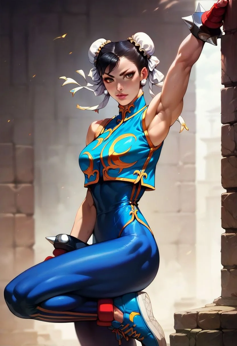 score_9, score_8_up, score_7_up, score_6_up, score_9, score_8_up, score_8, (best quality:1.1), (masterpiece:1.2), (realistic:1.2), (detailed:1.1), (highres, best quality:1.2), 1girl, chun-li (\street fighter)\, short hair, black hair, brown eyes, makeup, eyelashes, hair bun, double bun, bun cover, jewelry, earrings, pearl earrings, alpha_costume, Chinese clothes, blue bodysuit, blue leotard, blue vest, sleeveless, athletic shoes, sneakers, gloves, fingerless sparing gloves, dark blue gloves,