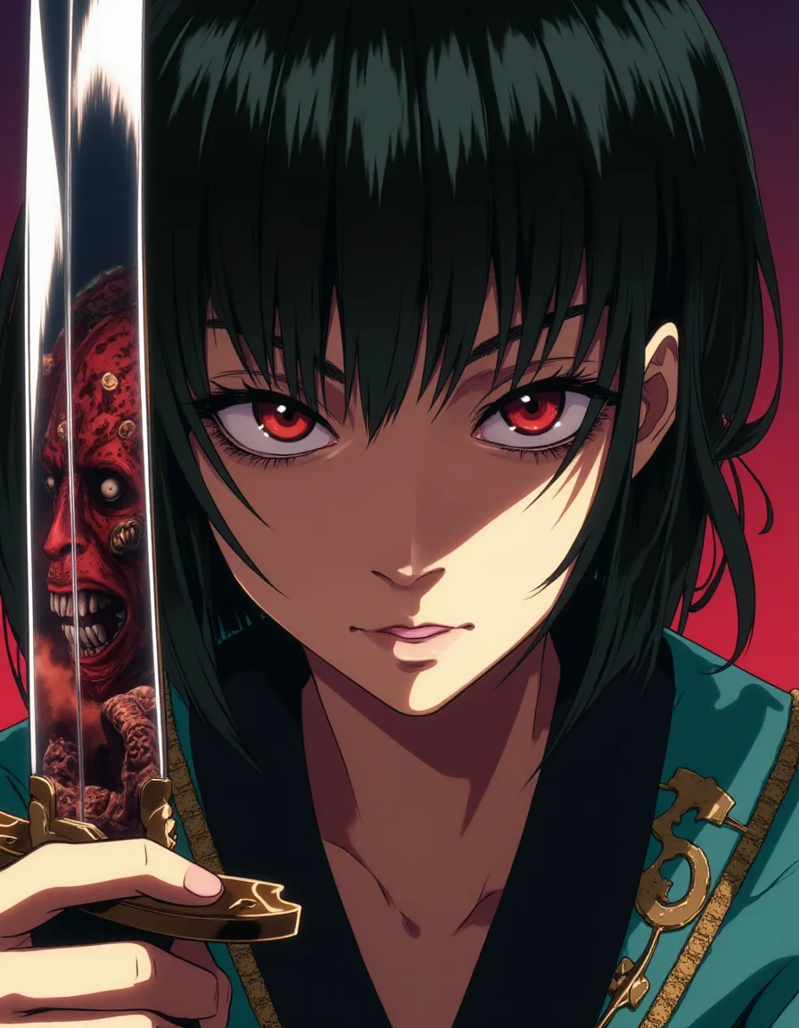 masterpiece, ultimate detailed, tiny finnest details,
Japanese female warrior is holding a reflective shiny katana in front of the left hand side of her face, (an ancient mythical Japanese demon is reflected in the katana blade:1.6),
<lora:MJanime_Flux_LoRa:0.25> anime style <lora:NeonFantasyFLUX:0.5> ne0nfant4sy <lora:Flux1-impossible_geometry_V1.0:0.4> <lora:flux.1_lora_flyway_Epic-detail_v2:0.7> .