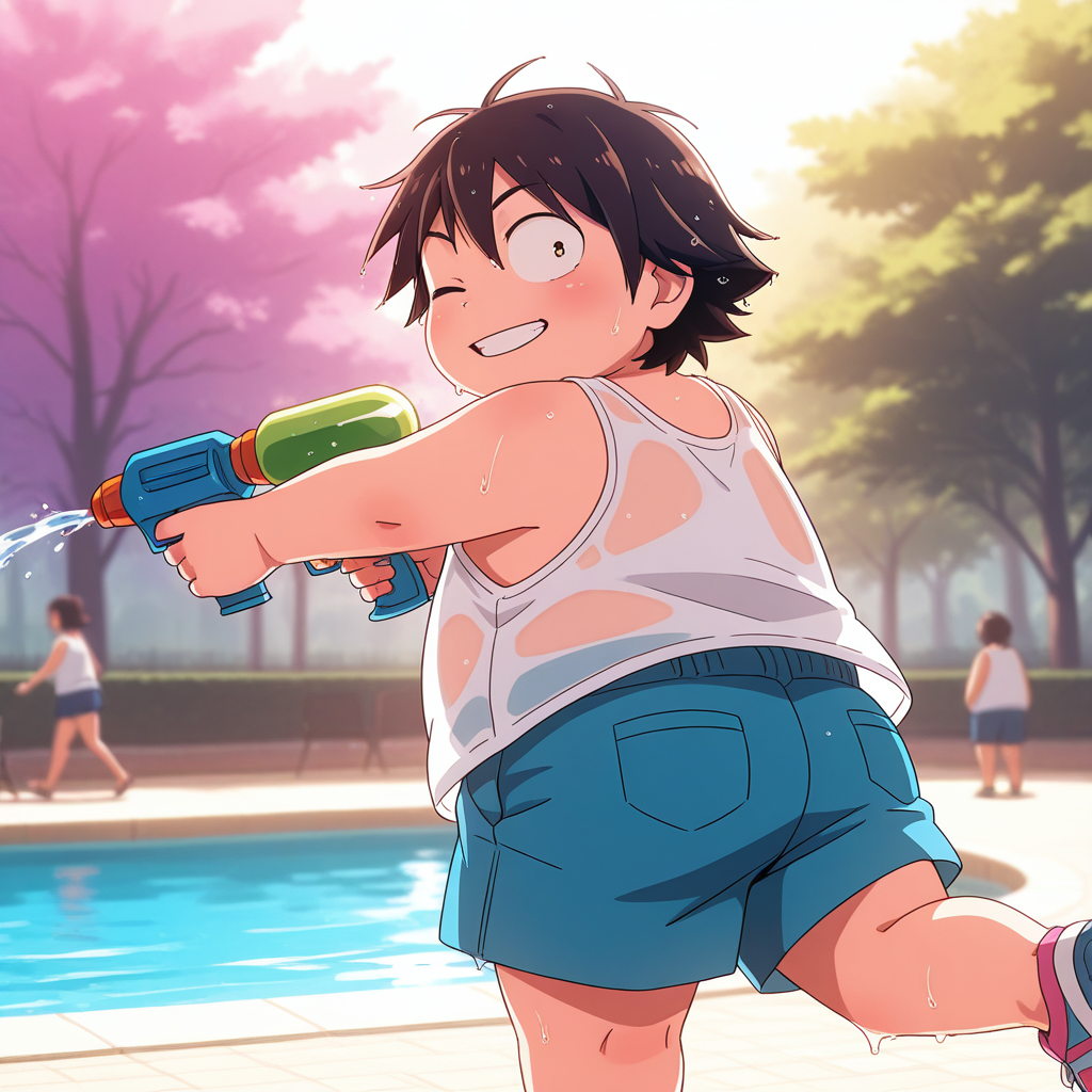 (deep contrast, luminous lighting, cinematic ambiance, best quality, colorful, masterpiece, detailed_background), (sanpaku), BREAK <lora:haruhi-v2:1> (awharuyukia), (aged_up:0.5), chubby, 1boy, white tank top, blue shorts, holding water gun, wet body, smile, one eye closed, smile, standing on one legs, looking back, park, wet body, wet, see-through clothes, solo focus, wet hair,
