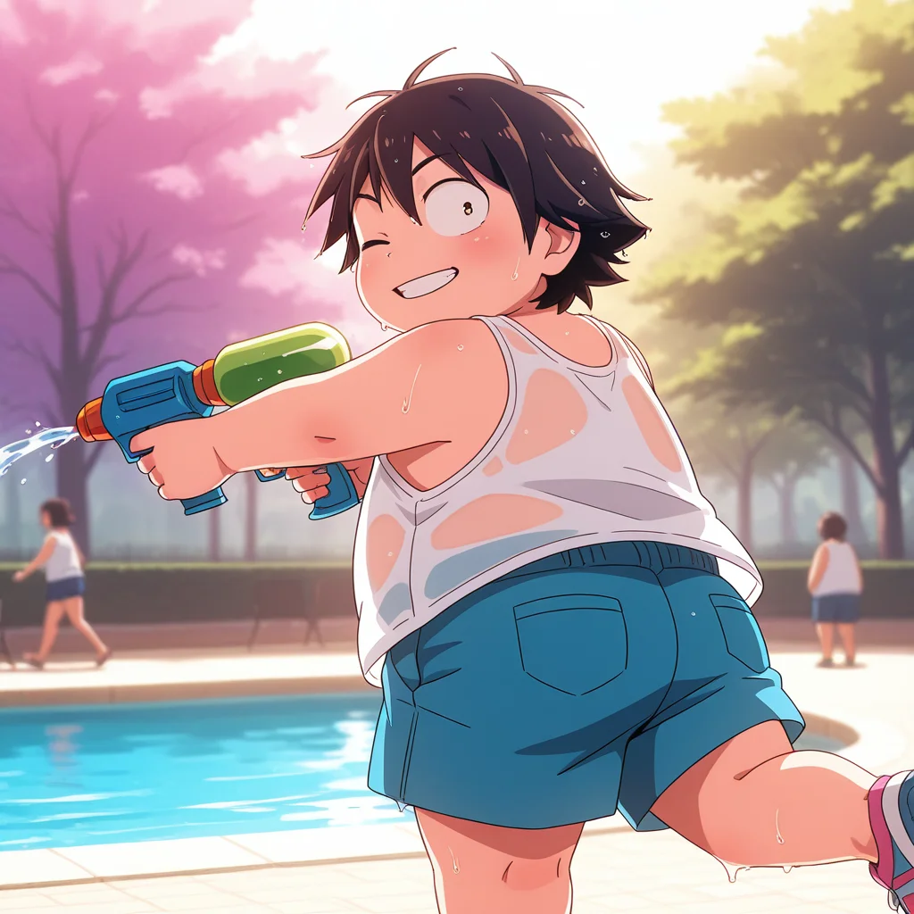 (deep contrast, luminous lighting, cinematic ambiance, best quality, colorful, masterpiece, detailed_background), (sanpaku), BREAK <lora:haruhi-v2:1> (awharuyukia), (aged_up:0.5), chubby, 1boy, white tank top, blue shorts, holding water gun, wet body, smile, one eye closed, smile, standing on one legs, looking back, park, wet body, wet, see-through clothes, solo focus, wet hair,