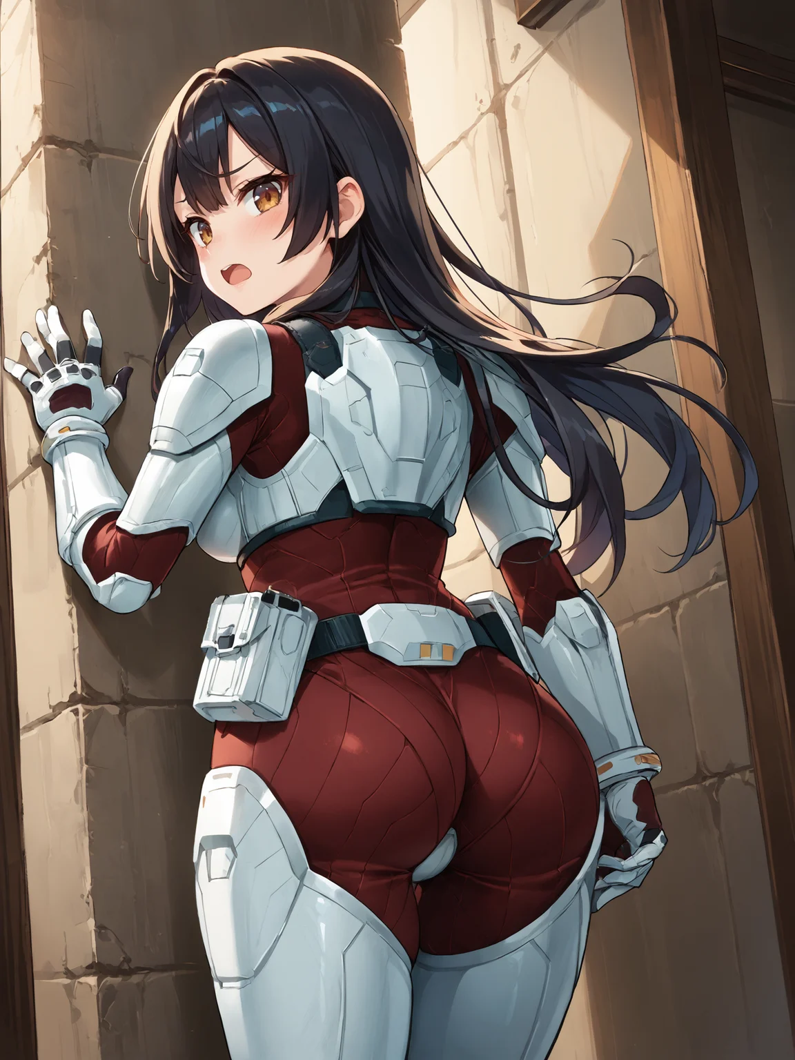 score_9, score_8_up, score_7_up, <lora:offset_0.2:0.1>, <lora:spo_sdxl_10ep_4k-data_lora_webui:1>, BREAK,
1girl, solo, source_anime, BREAK,
terraformarsmoviebodysuit, armored bodysuit, black bodysuit, white armor, boobplate, shoulder pads, wrist guards, black gloves, white gloves, utility belt, belt pouch, hip armor, thigh armor, <lora:Terraformars:1>, BREAK,
black hair, swept bangs, long hair, brown eyes, medium breasts, BREAK,
embarrassed, blush, open mouth, looking back, looking at viewer, BREAK,
against wall, ass focus, huge ass, BREAK,
from behind, indoors