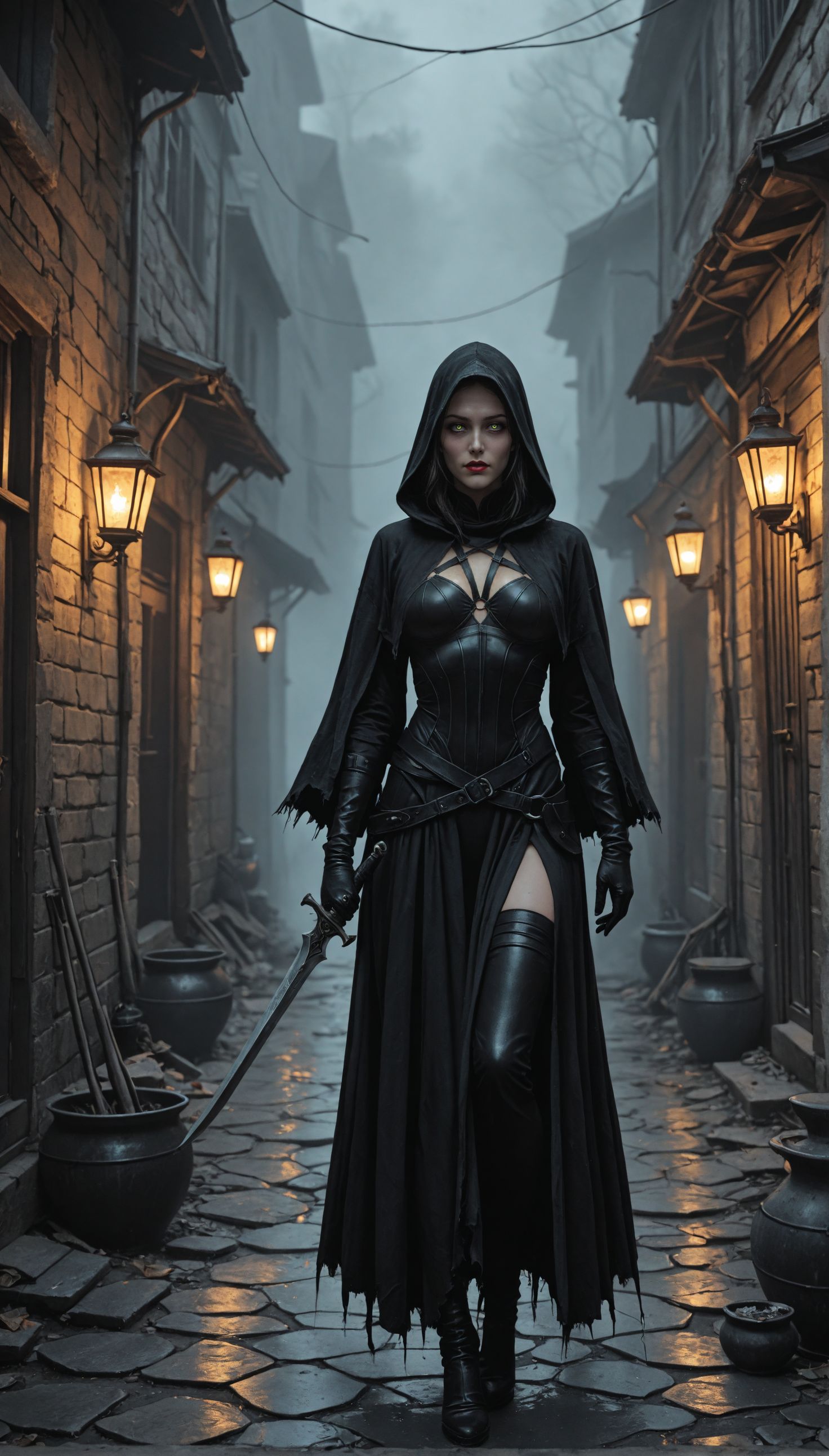 (photorealism:1.5), Shadow Dancer in Darkened Alley, style of Brom, nimble female rogue in black leather, surrounded by swirling shadows taking forms of dark creatures, intense eyes peering from beneath a hood, faint glow of a dagger in hand, narrow cobblestone alley, heavy fog creating an ominous atmosphere, faint rain slicking the ground (rogue:1.03), (shadow creatures:1.2), (dagger:1.0), (fog:0.8), (lanterns:0.7), dark and suspenseful, cover art style, shadow effects