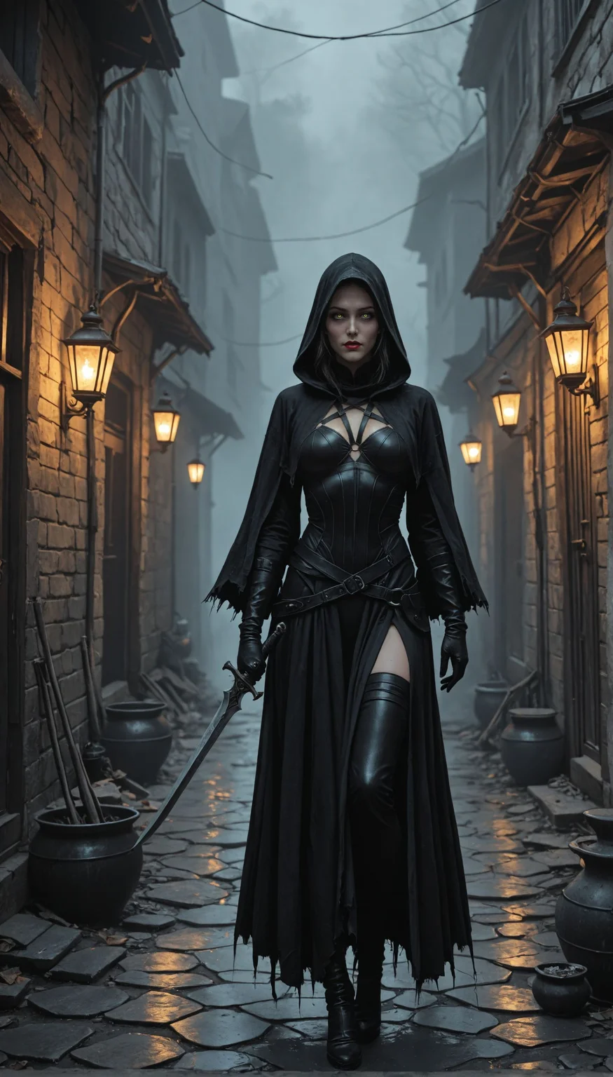 (photorealism:1.5), Shadow Dancer in Darkened Alley, style of Brom, nimble female rogue in black leather, surrounded by swirling shadows taking forms of dark creatures, intense eyes peering from beneath a hood, faint glow of a dagger in hand, narrow cobblestone alley, heavy fog creating an ominous atmosphere, faint rain slicking the ground (rogue:1.03), (shadow creatures:1.2), (dagger:1.0), (fog:0.8), (lanterns:0.7), dark and suspenseful, cover art style, shadow effects
