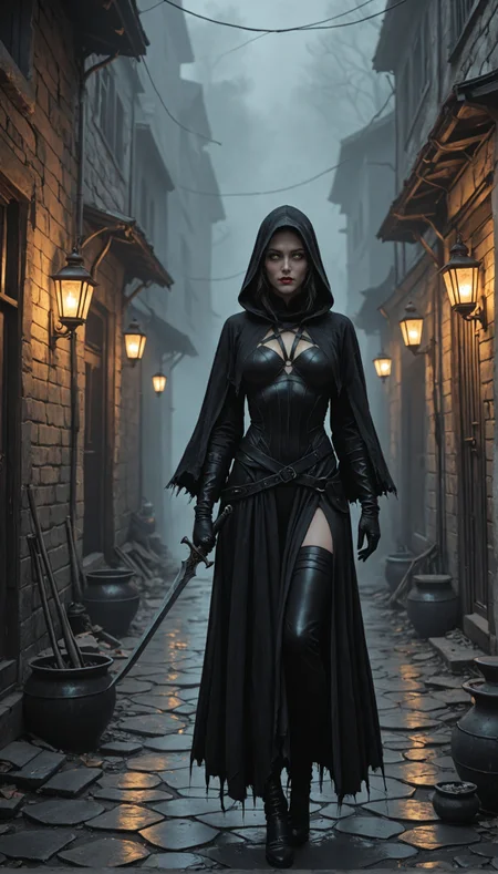 (photorealism:1.5), Shadow Dancer in Darkened Alley, style of Brom, nimble female rogue in black leather, surrounded by swirling shadows taking forms of dark creatures, intense eyes peering from beneath a hood, faint glow of a dagger in hand, narrow cobblestone alley, heavy fog creating an ominous atmosphere, faint rain slicking the ground (rogue:1.03), (shadow creatures:1.2), (dagger:1.0), (fog:0.8), (lanterns:0.7), dark and suspenseful, cover art style, shadow effects