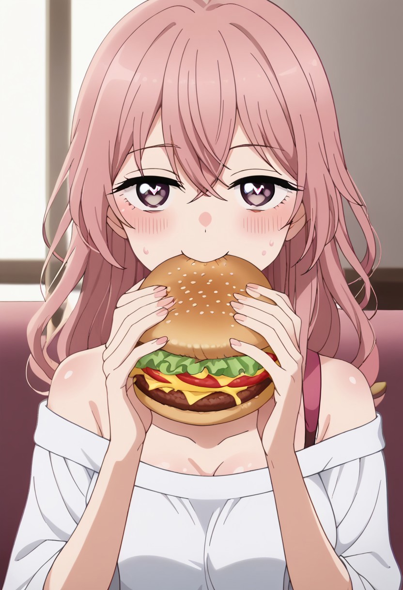 sitting on seat, upper body,
eating gurger, holdinf burger, dokaguiburger, both hands holding,
rating explicit,
BREAK
score_9,anime screencap, masterpiece, ambient lighting,
sajuna inui,pink hair,long hair,bangs,hair between eyes,
head tilt, looking at viewer, half-closed eyes, smile, blush,
sweating, steam, hearts, heart eyes,
BREAK
masterpiece, ambient lighting,
medium breasts, round breasts, 
pink off-shoulder shirt,
table