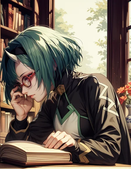 (score_9,score_8_up,score_7_up),<lora:mato_seihei_no_slave_-_ coco_zenibako:0.9>,dawn,from_side,coffee house,reading,red-framed eyewear,adjusting eyewear,vase,book_stack,open_book,zenibako,short_hair,green_hair,facial_mark,single_horn,red_eyes,black_hairband,bodysuit,long_coat,