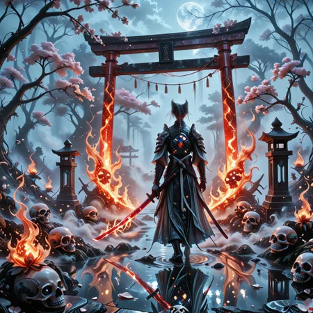 cf_style, skullthemeXL, silver ghostfire, fog particles, ethereal glow, cartoon realism, stylized energy trails,
(1 spectral cat), wearing broken samurai armor made of translucent bone fragments, holding a glowing katana wrapped in spectral flames.
Stands calmly on a reflective water surface, faint skulls visible beneath the water.
Background is a misty floating garden with ancient bone torii gates and drifting cherry blossom petals.
Moonlight casting soft shadows through fog, spiritual blue-white flame trails following sword motion. Smooth silhouette and detailed reflections.