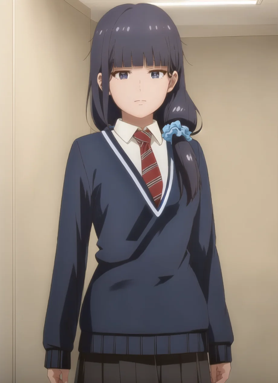 masterpiece, best quality, high quality, 1girl, solo, <lora:gundou_misuzu-04:1>, gundou_misuzu, low ponytail, hair over shoulder, single sidelock, hair scrunchie, blue scrunchie, medium hair, hair strand, blue sweater, long sleeves, collared shirt, white shirt, necktie, black skirt, pleated skirt, medium skirt, portrait, looking at viewer,  indoors, expressionless, (extremely detailed CG unity 8k wallpaper:1.1)