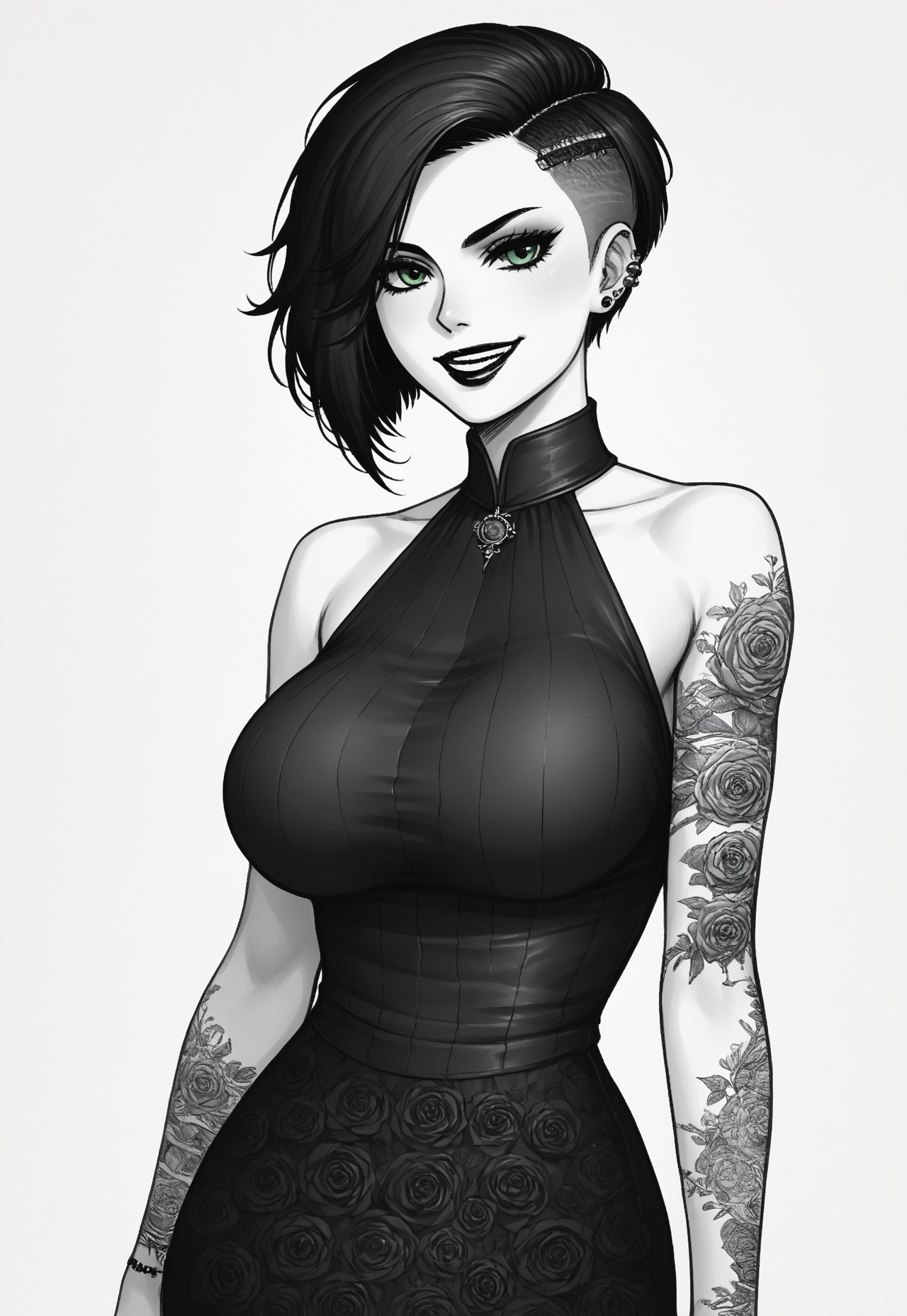 safe_pos, score_9, score_8_up, score_7_up, woman, goth, green eyes, short hair, (undercut hair:1.3), adult woman, (large breasts:1.2), perfect lighting, volumetric lighting, (green eyes:2), smirk, black lipstick, relaxed expression, dress, long dress, (intricate dress, gothic dress:1.2), queen anne neckline, ultra-detailed dress, embroidery, (Quatrefoil pattern dress:1.2), standing, upper body shot, detailed face, detailed face, perfect face, front view, line art, smooth lines, (monochrome, black and white:1.4), perfect teeth, DonMS1mpl3Dr4w1ngXL, (short height:1.4), piercings,