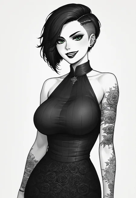safe_pos, score_9, score_8_up, score_7_up, woman, goth, green eyes, short hair, (undercut hair:1.3), adult woman, (large breasts:1.2), perfect lighting, volumetric lighting, (green eyes:2), smirk, black lipstick, relaxed expression, dress, long dress, (intricate dress, gothic dress:1.2), queen anne neckline, ultra-detailed dress, embroidery, (Quatrefoil pattern dress:1.2), standing, upper body shot, detailed face, detailed face, perfect face, front view, line art, smooth lines, (monochrome, black and white:1.4), perfect teeth, DonMS1mpl3Dr4w1ngXL, (short height:1.4), piercings,