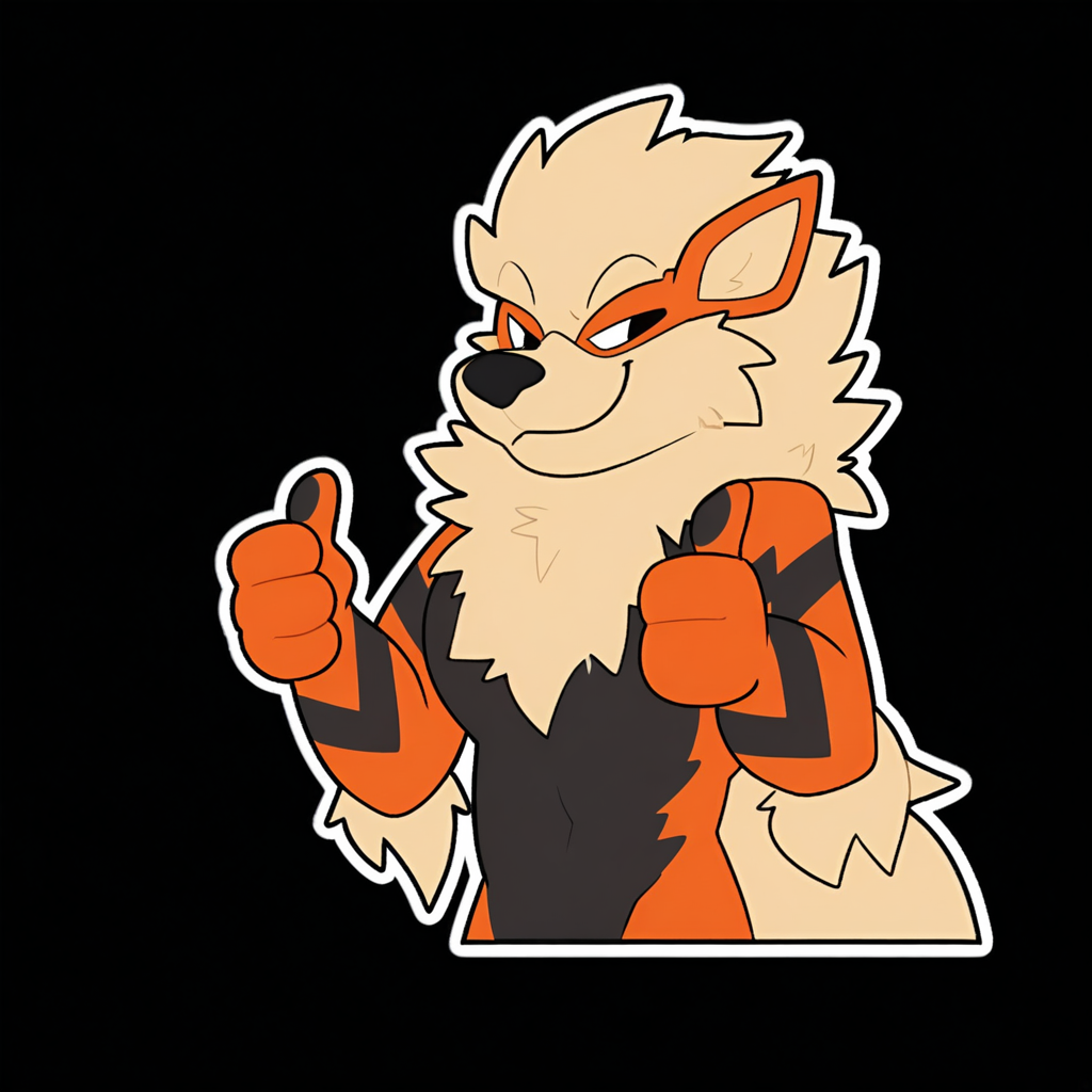 <lora:NowAndLater_Telegram_Sticker_Style_NAI-XL:1> NALTS, sticker, ((black background)), male, solo, anthro, furry, Arcanine, smiling, thumbs up, best quality, masterpiece