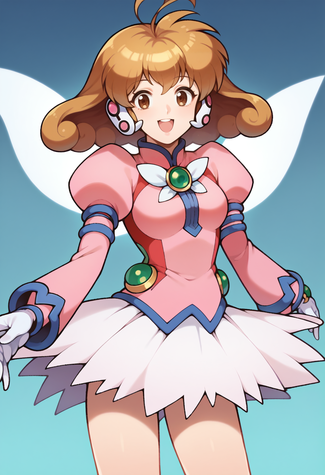 score_9, score_7_up, hd, (ultra hd quality details), source_anime,
solo, 1girl, kasugayuidef, antenna hair,
cyuidefclothes, magical girl, headgear, juliet sleeves, brooch, white gloves, skirt, wings,
looking at viewer, smile, open mouth, 
standing,
<lora:_kasuga_yui-elesico-pony:1>