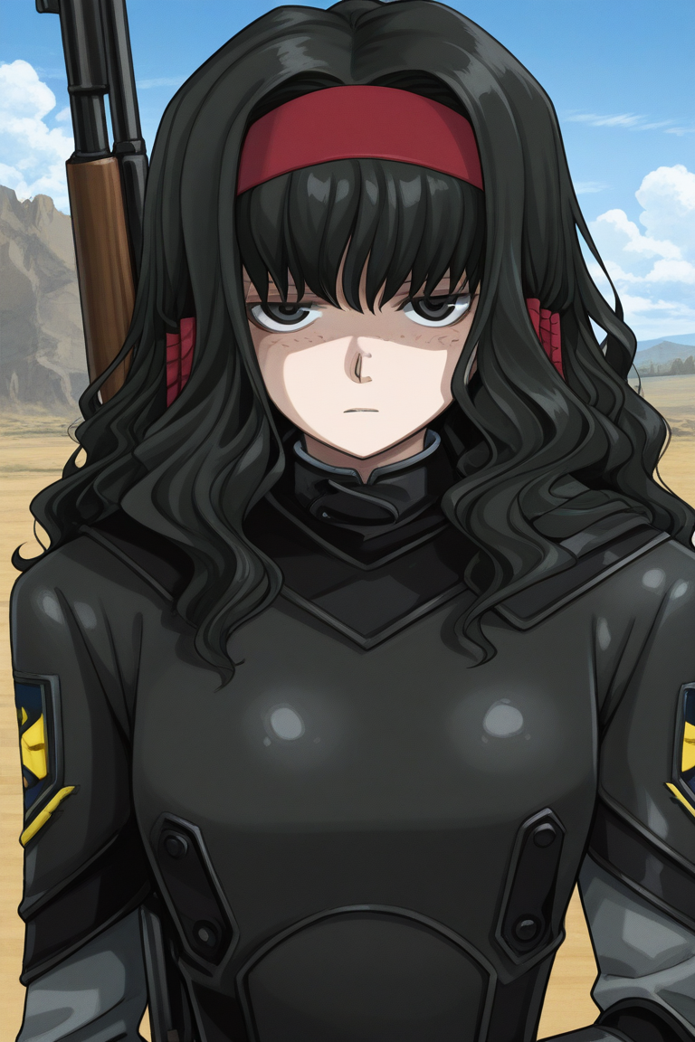 masterpiece, best quality, source_anime,official art,perfect_anatomy,1girl,Moe_Ishizu,solo,black hair,black_eyes,Freckles,long hair,hairband,war_dress,bodysuit,armor,rifle,(beautiful detailed face,looking_at_viewer),upper_body,day,blue_sky,cloud
