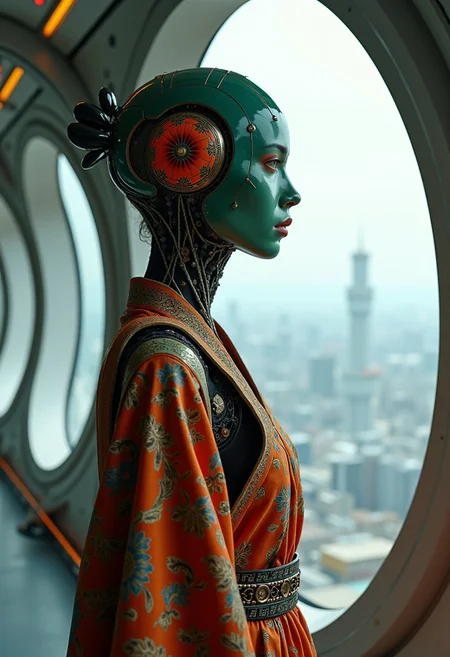 <lora:ck-Neurocore-Realistic-Cyborgs:1> in the style of ck-ncr, Fashion Editorial, photography, haute couture, wabi-sabi cyborg with colored ceramic materials ,(traditional intricate italian clothes:1.5) (style by Yuri Shwedoff),shallow depth of field, vignette, (Fujicolor Superia X-TRA 400) style by Nirav Patel, inside a fractal shaped Artemis Station spaceport megastructure, perfect focus, depth of field the view from afar, window view. vast scifi cyberpunk landscape