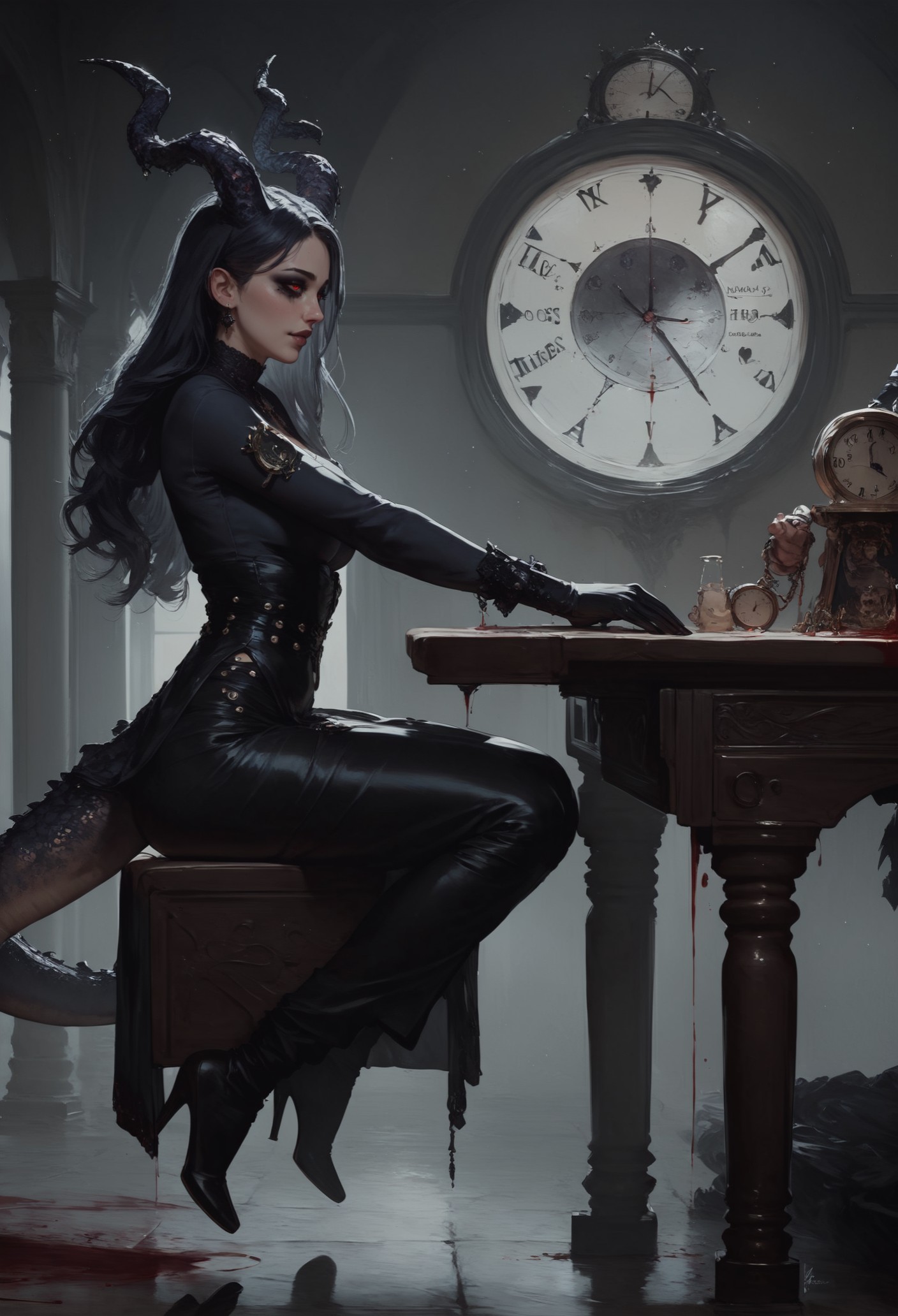 score_9, score_8_up, score_7_up,  realistic, side view, a beautiful dragon girl, full body, cosmic robe, (anthropomorphic:0.8), cosmic horror, black scales, small horns, straight horns, black makeup, leather gloves, detailed background, vintage style room, gothic, gothic palace, stone table, blood laboratory, magic spirit in the air, giant clock in the background  <lora:pony/twilight_style:0.8> <lora:pony/expressiveh:0.8> expressiveh