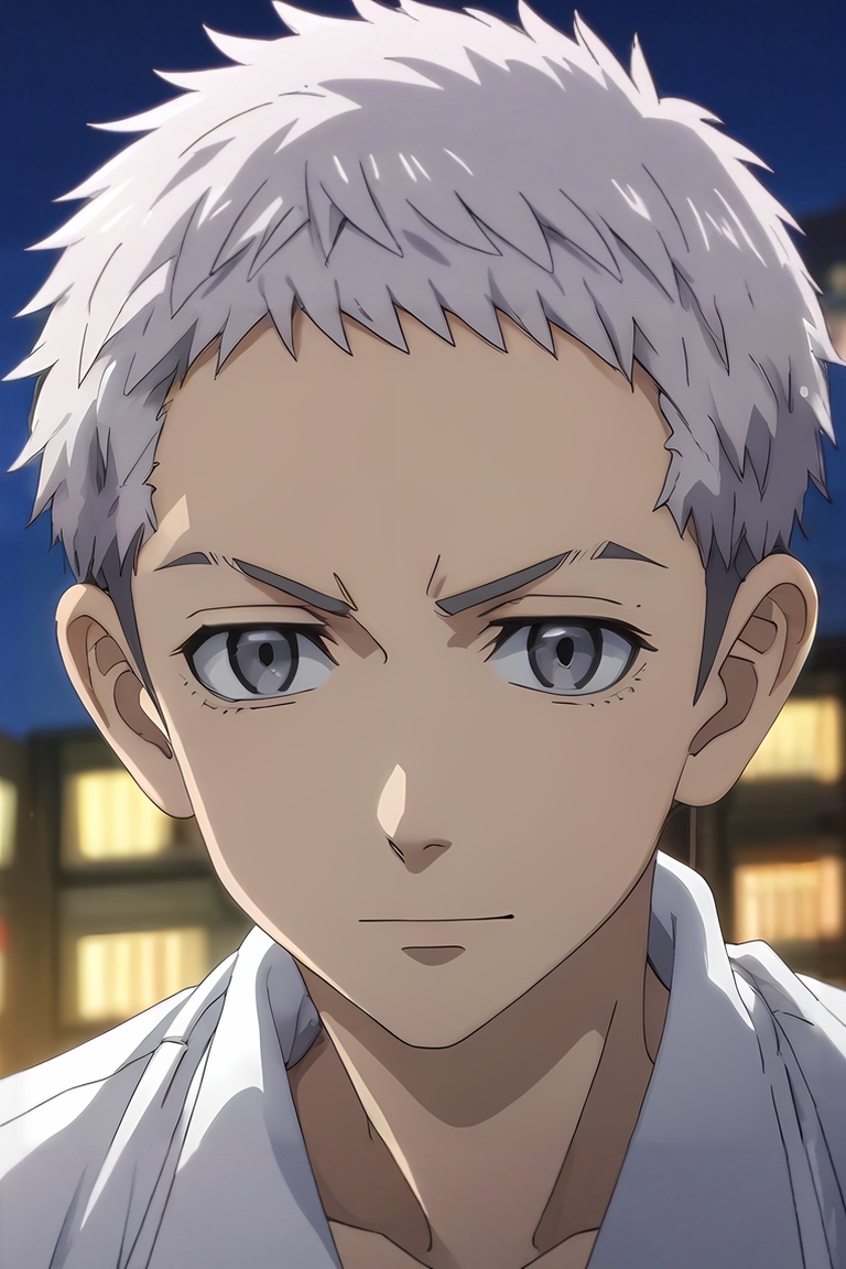 score_9, score_8_up, score_7_up, source_anime, rating_safe, intricate details, anime screencap, anime coloring, official style, looking at viewer, depth of field, 1boy, solo, male focus, <lora:takashi_mitsuya_pony:0.76>, takashi_mitsuya, grey hair, grey eyes, short hair, wide angle, wide shot, full body, treetops city, night, full moon, dynamic pose, seductive smile, ,, <lora:sdxl_lightning_8step_lora:1>
