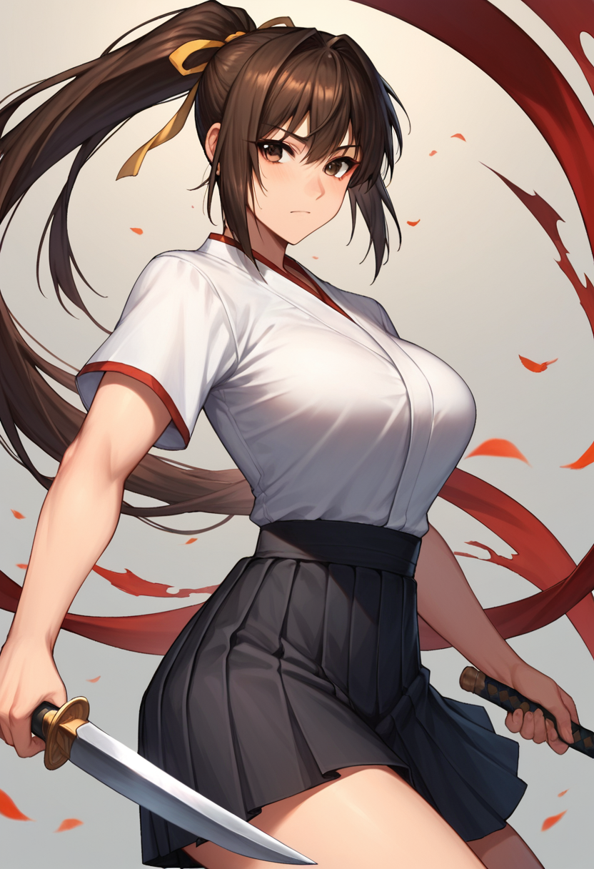 score_9, score_8_up, score_7_up, source_anime,1girl, 
 <lora:KiryuAoi-PonyV1:0.8>rpkaoi, large breasts, brown hair, brown eyes, hair ribbon, ponytail, 
kendo, white hakama, black hakama skirt, shinai, weapon