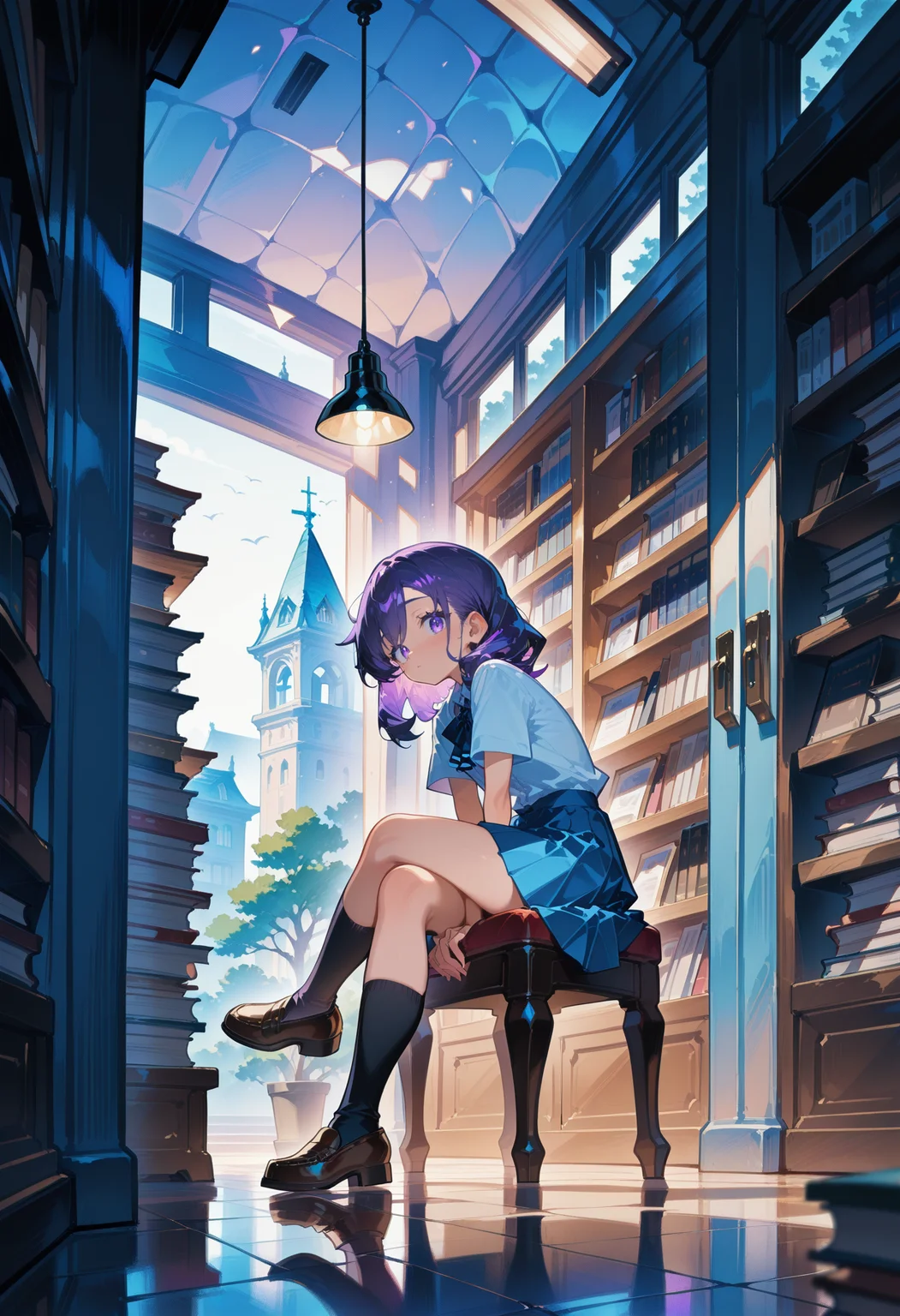 1girl, cyan hair, medium hair, spiked hair, purple eye, skinny, body freakles,
BREAK 1girl, Sitting Legs Crossed, Hands Between Legs,
BREAK school uniform, blue skirt, white shirt, huge library, massive amount of books,
BREAK safe, masterpiece, best quality, very aesthetic, absurdres, highres, scenery, newest, <lora:ponyv5_noobE11_1_adamW:0.5>, <lora:UNSTABLE_v0.7:0.7>
