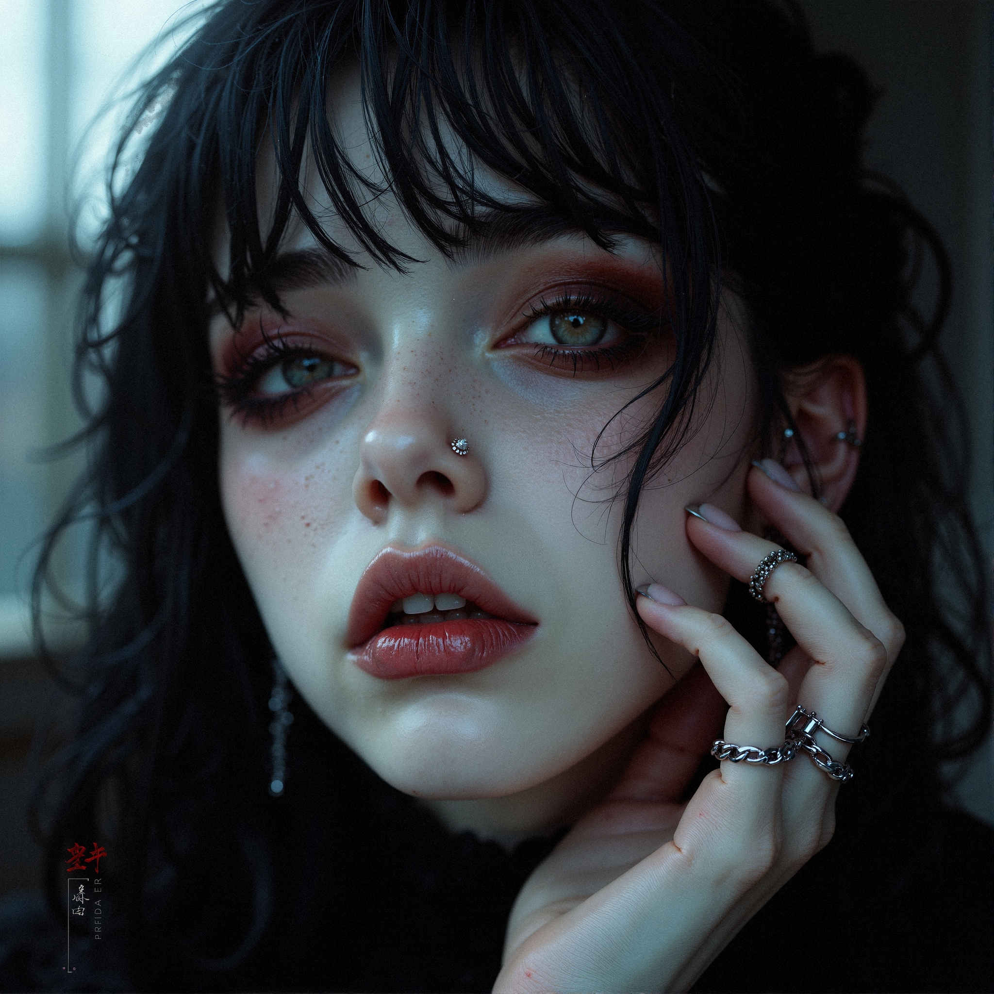 aidmaHyperrealism, Hollywood Cinematic Film style, epic photography, dramatic light, Kodak film style
A hyperrealistic, cinematic close-up of a dark, gothic girl with disheveled jet-black hair, strands falling chaotically across her pale, ghostly skin. Her half-lidded, sorrowful eyes have an eerie allure, emphasized by smeared, crimson-tinged eyeshadow that runs slightly down her cheeks. Her lips are deep red, slightly chapped, and downturned in silent despair. Her hand rests against her temple, long, slender fingers adorned with tiny, silver gothic rings. A single, delicate chain earring dangles from her pierced ear, reflecting faint light. The overall atmosphere is moody and cinematic, with a blurred, dark background, emphasizing her ethereal, melancholic beauty. The details of her skin texture, hair, and intricate jewelry are finely rendered, achieving a photorealistic effect.
 <lora:MoriiMee_Gothic_Niji_Style_FLUX:0.5> <lora:realism_lora_comfy_flux_converted:0.5>