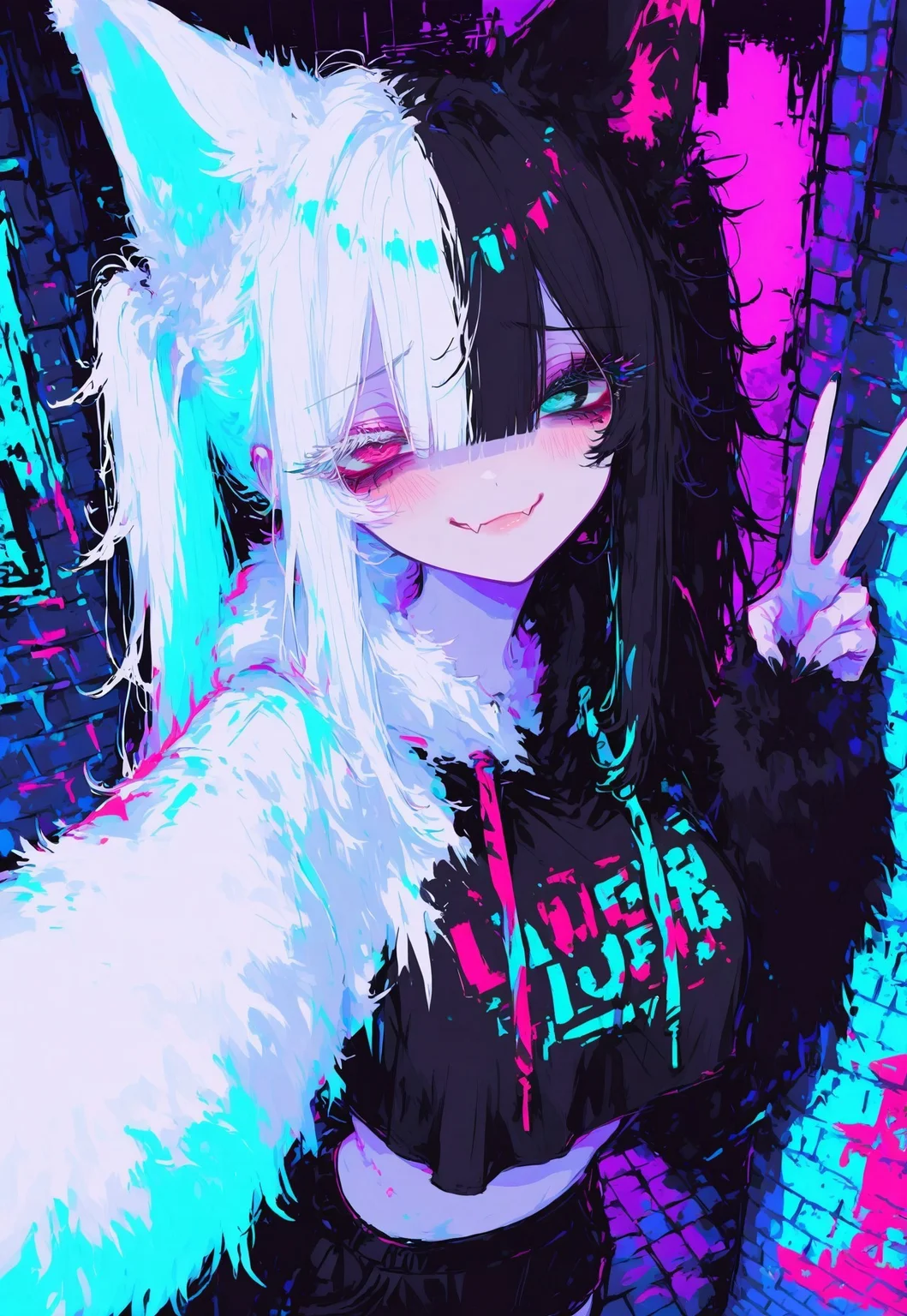 safe_pos, score_9, score_8_up, score_7_up, (masterpiece, best quality, high quality, sharp lines, sharpness), (((solo, face focus))), volumetric lighting, raytracing, ambient occlusion, luminescent background, cute face, adorable, 1girl, BREAK (((long hair, twintail, messy hair, hair between eyes, bangs, black and white hair, two tone hair color, split-color hair))), Soft jawline, animal ears, fox girl, fox ears, floppy ears, bullying, sinister, (beautiful detailed face), blush, half-closed eye, (((heterochromia eyes, detailed eyes, perfect eyes))), sexy lips, looking at viewer, smug, fang, eyeliner, eyelashes, peace sign, BREAK (((under boobs, holographic crop top hoodie, crop top over hang, fur animal costume, alternate animals and colors, skindentation))), outdoors, night, lean against wall, brick wall, graffiti, dim lighting, alley, high contrast, (((tasteful layout, detailed background))), (((close up, pov from above))