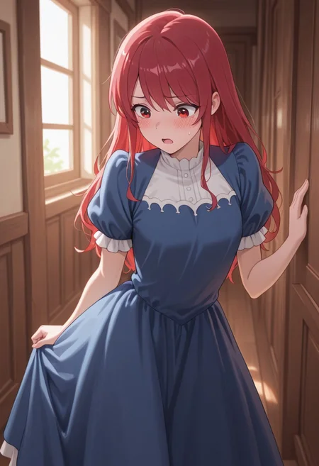 masterpiece,best quality,amazing quality, leeler sophia, red hair, red eyes, long hair, solo, dress, 1girl, hair down, open mouth, short sleeves, blush, blue dress, sweatdrop, indoors, puffy sleeves, puffy short sleeves