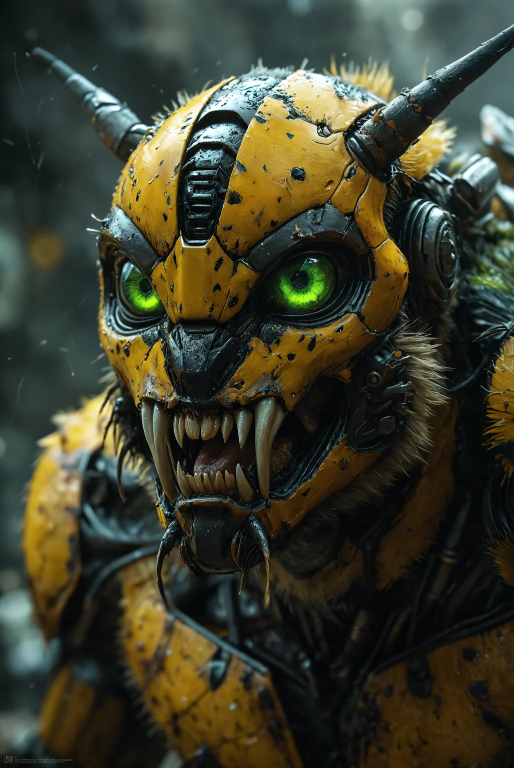 Concept art of a radioactive and mutated horror bumblebee with raised neck fur, long bloody teeth, and sharp, extended claws. It has a terrifying and deadly appearance, with glowing green eyes, cracked and blistered skin, emitting a faint toxic glow, and an overall sinister and menacing presence.
<lora:add-detail-xl:2> <lora:MJ52:0.5> <lora:great_lighting:2> great lighting,
large depth of field, hyperdetailed photography, masterpiece, best quality, high quality, highres, ultra-detailed, best quality, 8K, high resolution, extreme detail, (outstanding composition:1.4),