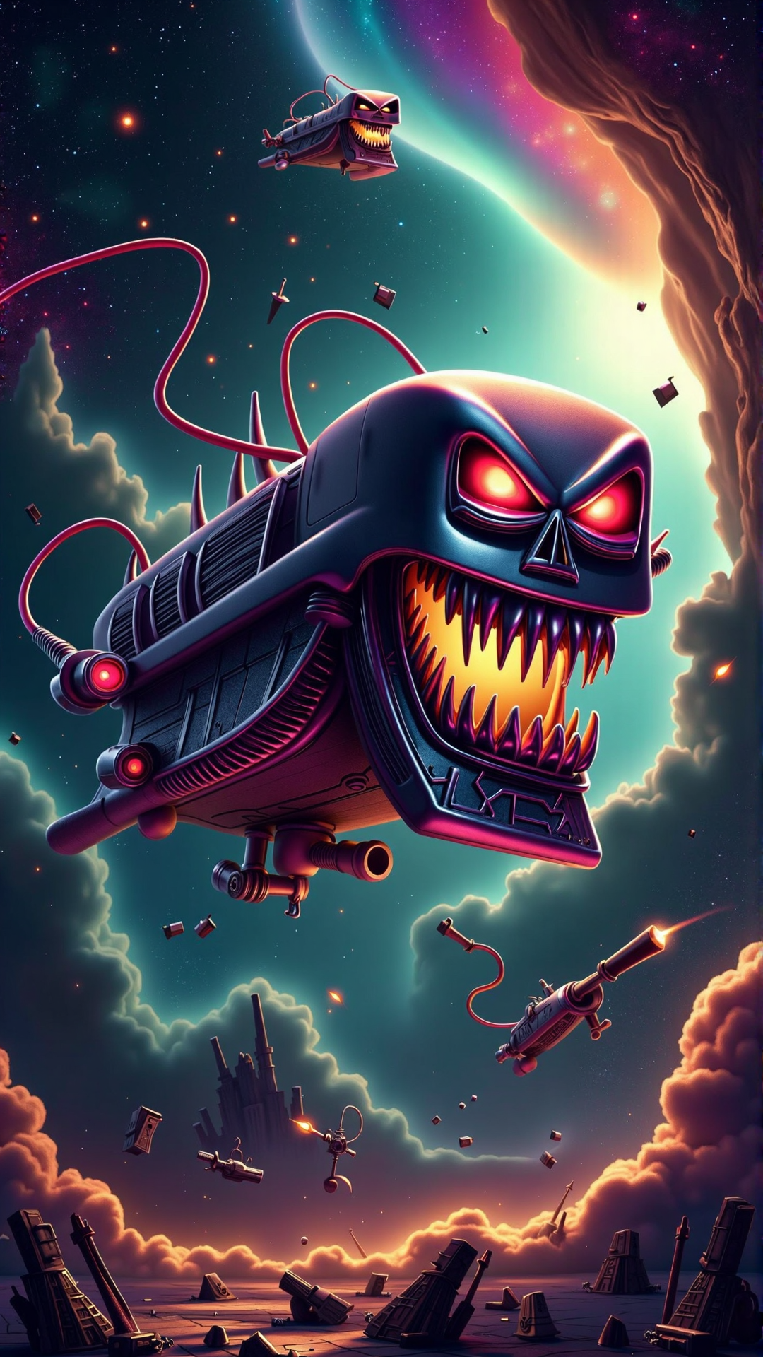 An image of a villainous item: A sinister, malevolent, and villainous rendition of a spaceship, with an ominous, twisted metallic body resembling a menacing skull, its grin-like cockpit gleaming with an otherworldly red glow. A wicked, maniacal smirk is built into the ship's hull, its metal lips curled upwards into a sneer. Twin gleaming laser cannons jut out like jagged teeth, threatening all who cross its path.
The fiendish spaceship hovers, shrouded in a dark, foreboding nebula, near the waterfall of vibrant colors pouring from the universe. The surrounding cosmos seems to writhe and twist, as if tainted by the spaceship's nefarious presence. Twinkling stars and galaxies loom in the distance, a reminder of the infinite expanse the spaceship seeks to dominate.
Floating debris from destroyed celestial bodies litters the surrounding space, and in the dark recesses of the nebula, a space station lies in ruins, a testament to the villainous spaceship's dastardly deeds. Amidst this eerie, surreal backdrop, the spaceship appears to be the master of the cosmos, its wicked, villainous grin mocking all who dare to oppose it.<lora:VillainousStyleFlux:1>