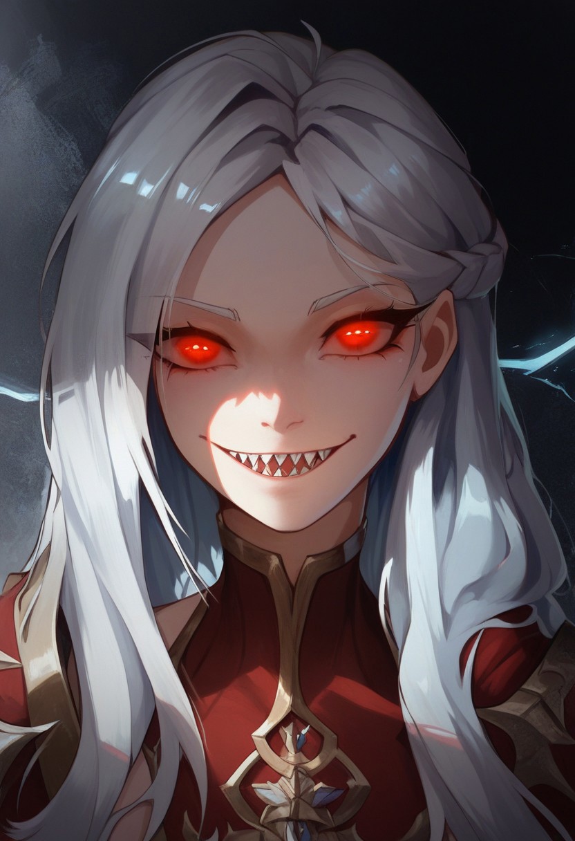 score_9, score_8_up, score_7_up,masterpiece,best quality,extremely detailed,absurdres,detailed background,nsfw,Expressiveh, shade,glowing, 1girl,perfect lighting, fir3born artstyle,face shot,glowing eyes,red eyes,dark background,silver hair,long hair,smile,sharp teeth