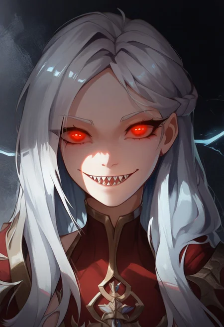 score_9, score_8_up, score_7_up,masterpiece,best quality,extremely detailed,absurdres,detailed background,nsfw,Expressiveh, shade,glowing, 1girl,perfect lighting, fir3born artstyle,face shot,glowing eyes,red eyes,dark background,silver hair,long hair,smile,sharp teeth