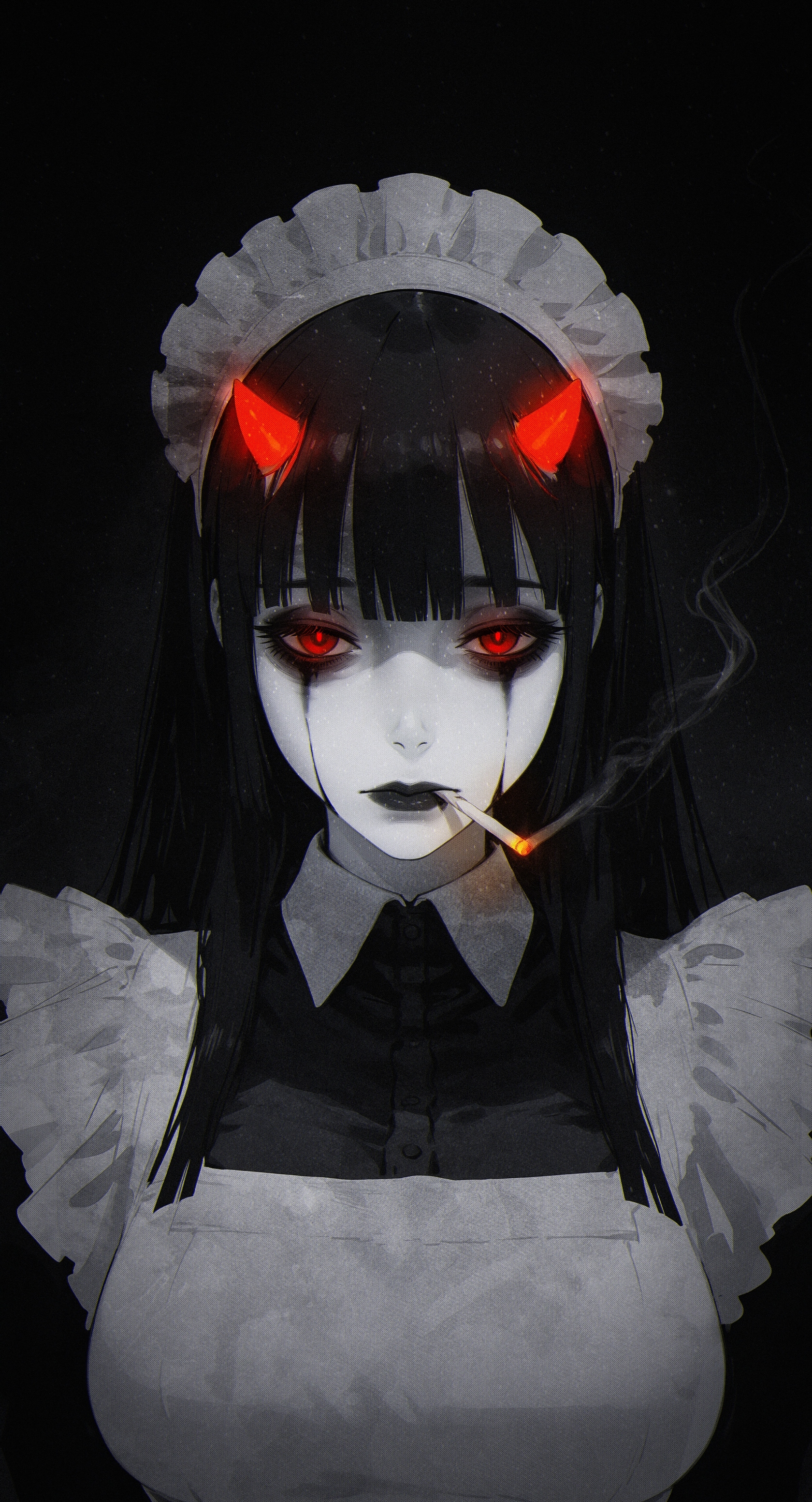 1girl,  (m omoo:1.25),  
,
solo, maid, breasts, portrait, straight-on, staring, half-closed eyes, looking at viewer, closed mouth, gloom \(expression\), straight hair, black hair, blunt bangs, blunt ends,  red pupils, smoking, depressed theme, dark theme, glowing eyes,  bags under eyes, partially colored, greyscale, monochrome, maid headdress, white headdress, black lips, runny makeup, nose,  stylized red small horns,
masterpiece, high score, great score, absurdres,
<lora:nhl-001-20:0.25> nhl-001,
<lora:nhl-002-nai:0.5> nhl-002,
<lora:nhl-003:0.25> nhl-003,
<lora:nhl-004:0.7> nhl-004, 
<lora:tenebriflora-wai:0.5> tfaix, 
masterpiece, best quality, amazing quality, very aesthetic,