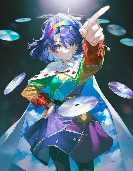 tenkyuu_chimata, 1girl ,rella, quasarcake:0.7, rolua, optical illusion, negative space, saturday_night_fever,blue_hair, breasts, cape, hairband , looking_at_viewer ,multicolored_hairband, pantyhose, purple_eyes ,short_hair ,smile, solo, sweat ,white_cape, disc, disco,CDs, arm_up , hand_on_own_hip, index_finger_raised, outstretched_arm ,
<lora:illustrious_noobai_epsilon_pred_1_best_quality_v1:0.7> ,<lora:illustrious_noobai_epsilon_pred_1_masterpieces_v1:0.7>, <lora:ponyv4_noob1_2_adamW:0.5>, <lora:add_details_xl:0.7>, <lora:CDs_SDXL:1>,
masterpiece, best quality, amazing quality, very aesthetic, absurdres, newest,