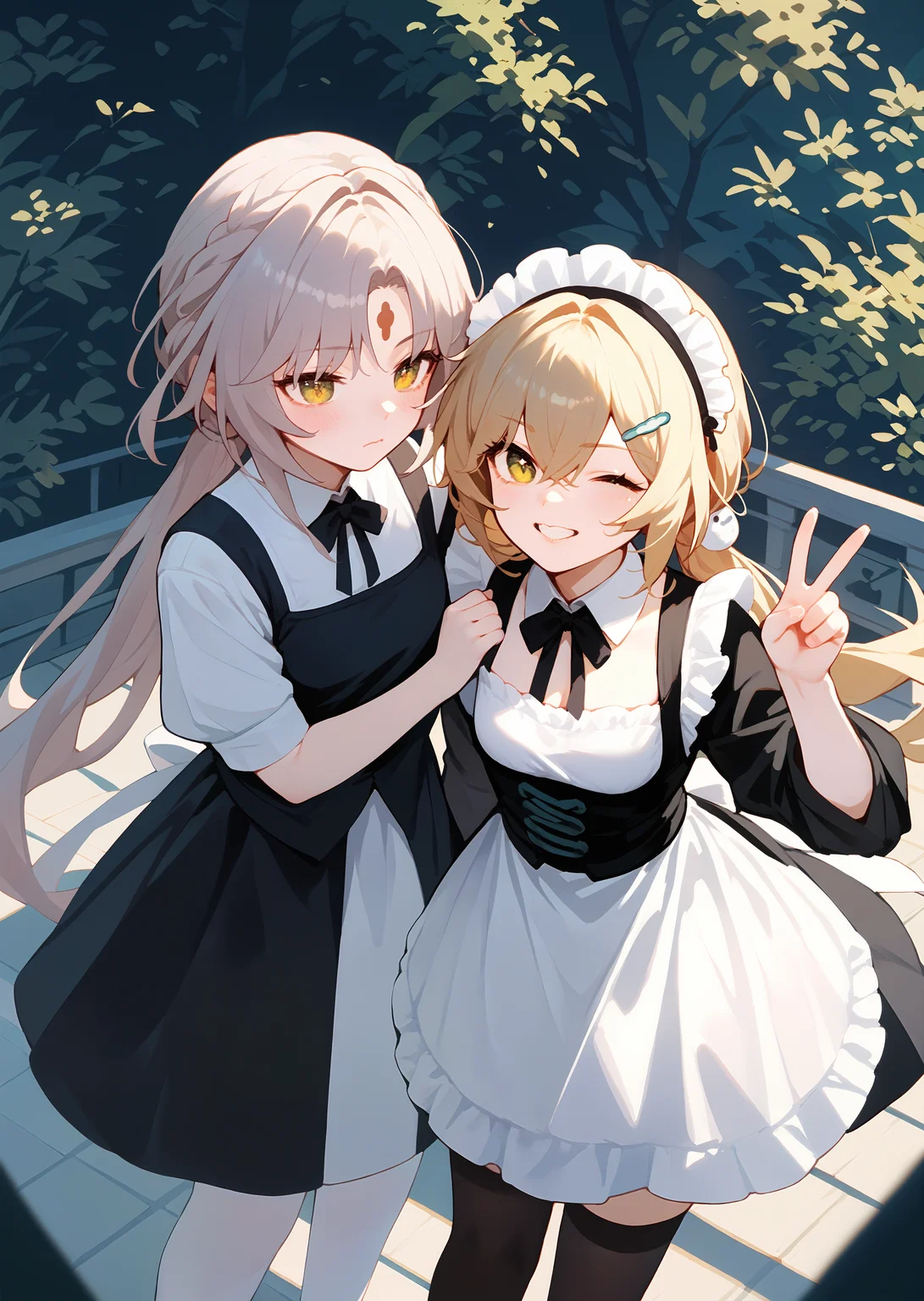 (score_9, score_8_up, score_7_up), 2girls, from above, cowboy shot, maid apron, maid headdress ADDCOMM
<lora:fuxuan-strPO-v1b:0.8>, 1girl, fuxuan, white thighhighs, hair ornament, forehead mark, crossed arms, closed mouth, blush BREAK
<lora:qingque-strPO-v1ar:0.8>, 1girl, qinque, crossed bangs, black thighhighs, v, one eye closed, smile BREAK
